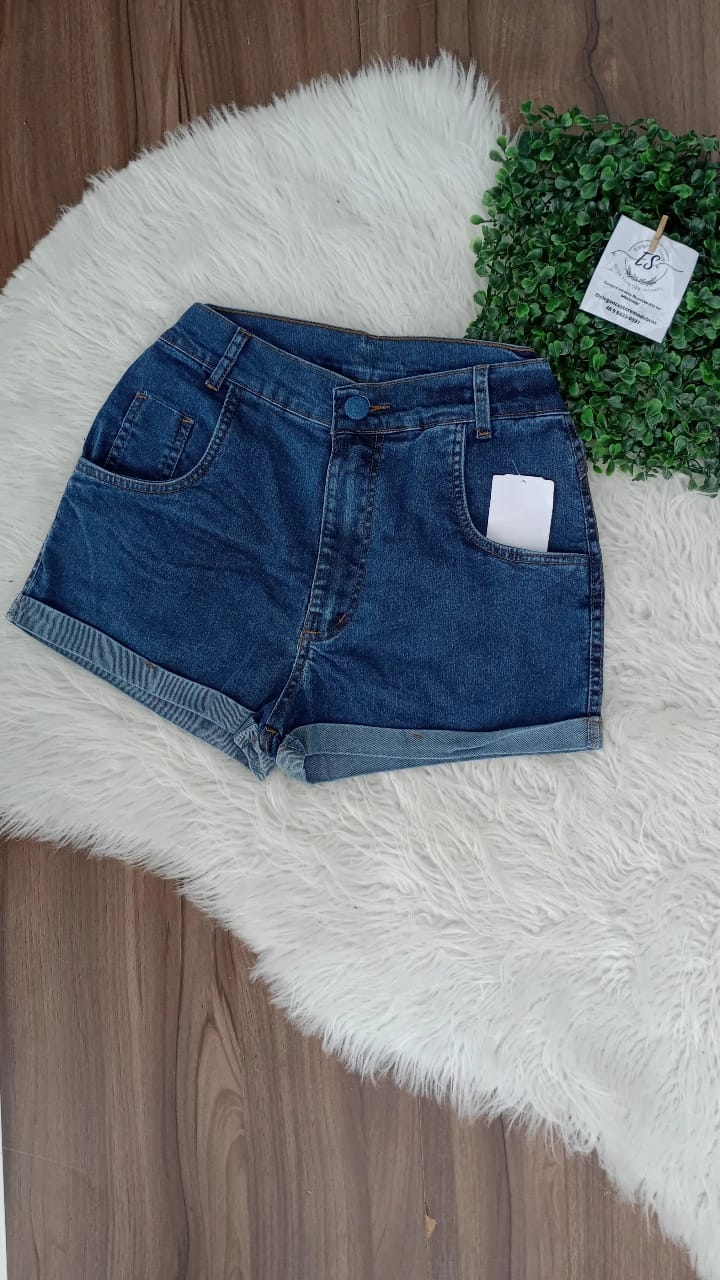 short jeans feminino cintura alta com laycra lavagem marmorizado